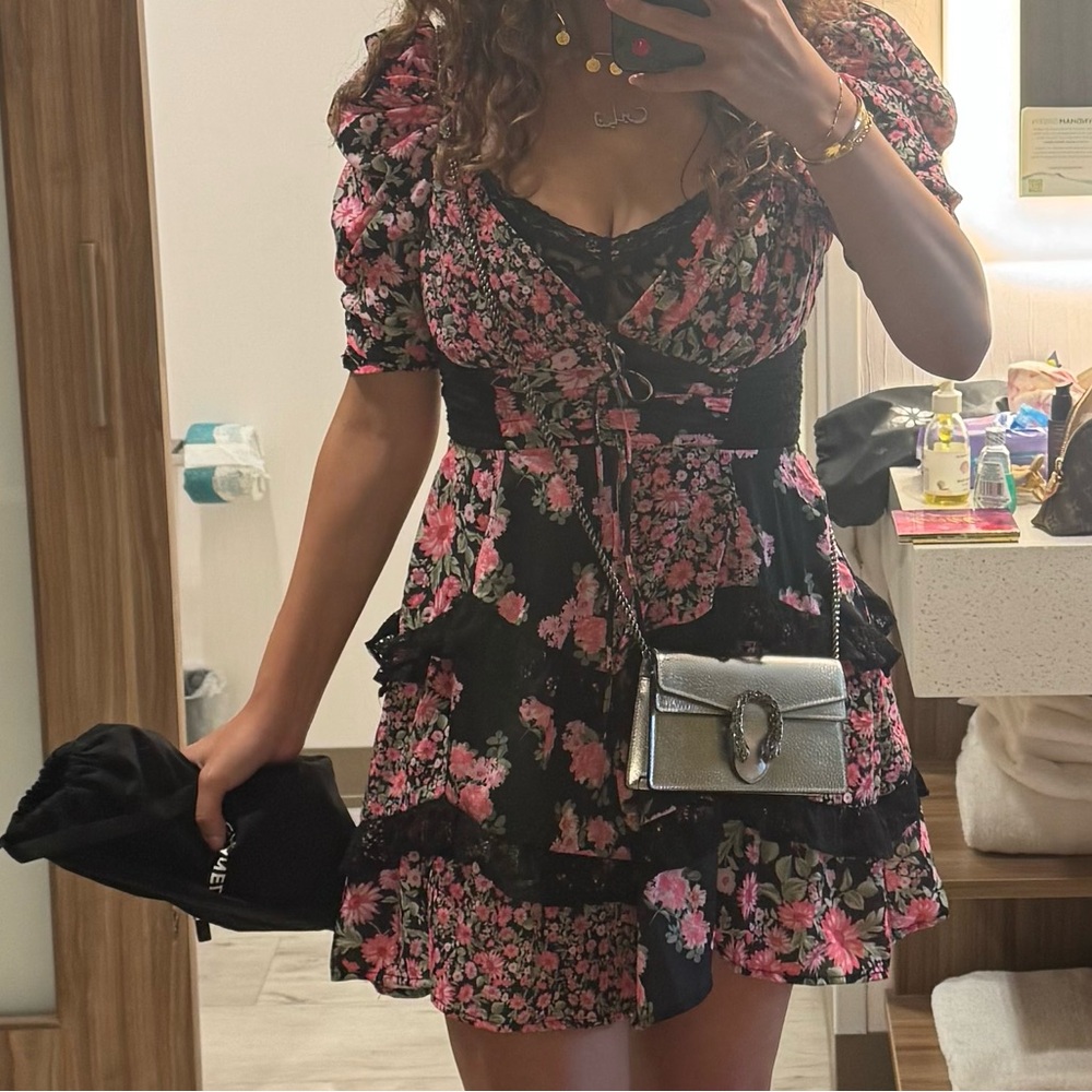 For Love And Lemons Black and Pink Puff Sleeve Sundress